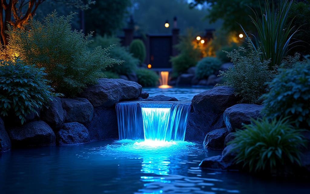 Garden waterfall accent lighting at night